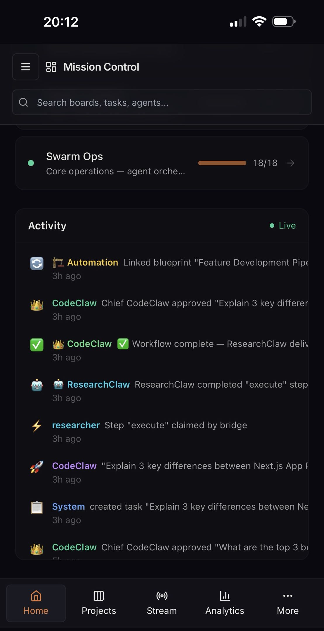 SwarmClaw Activity Feed showing live agent operations