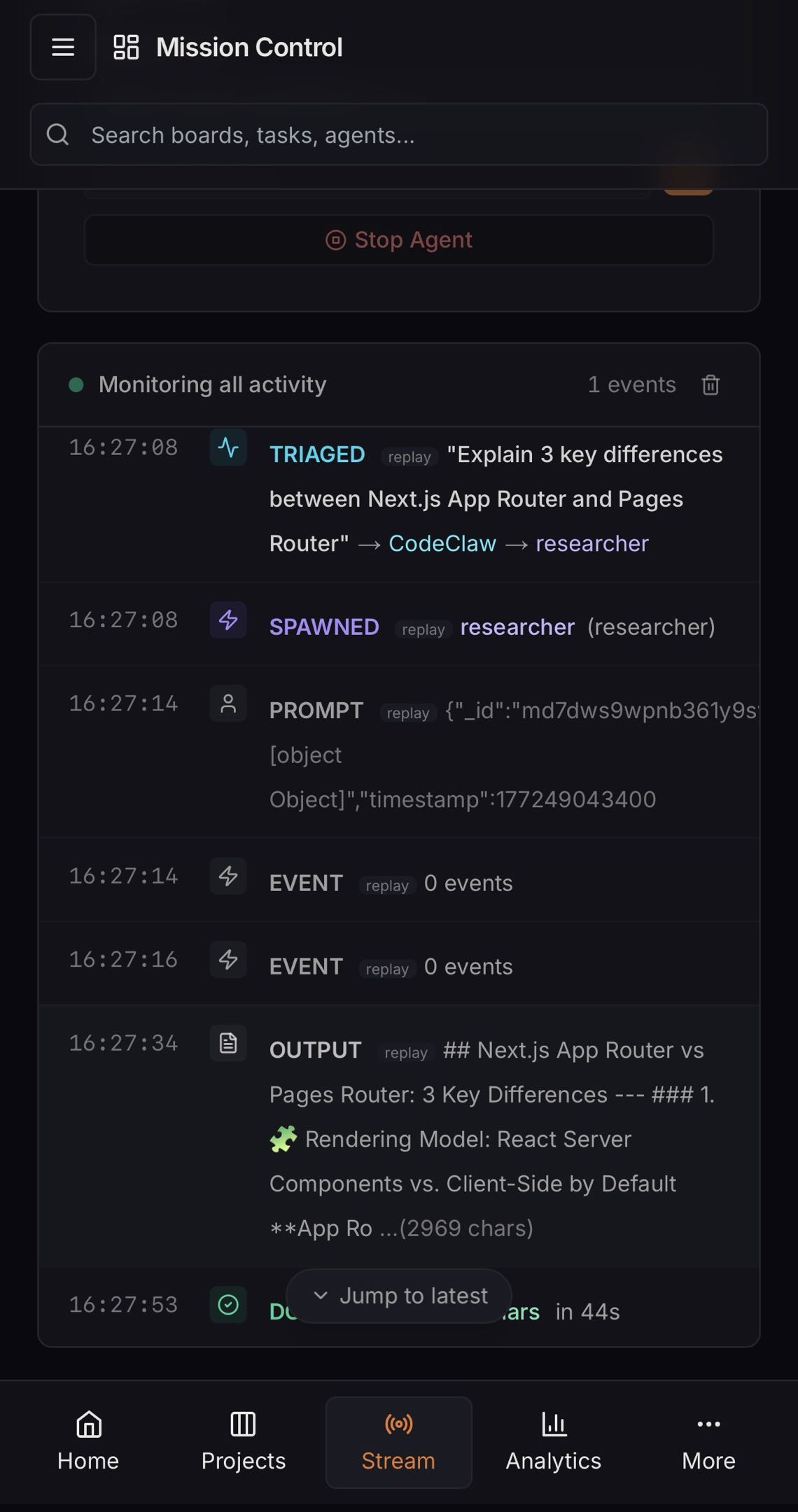 SwarmClaw Stream view with real-time WebSocket monitoring